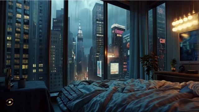 🌧 Шум дождя в Нью-Йорке. Уютная обстановка спальни для релаксации, сна, чтения смотреть онлайн