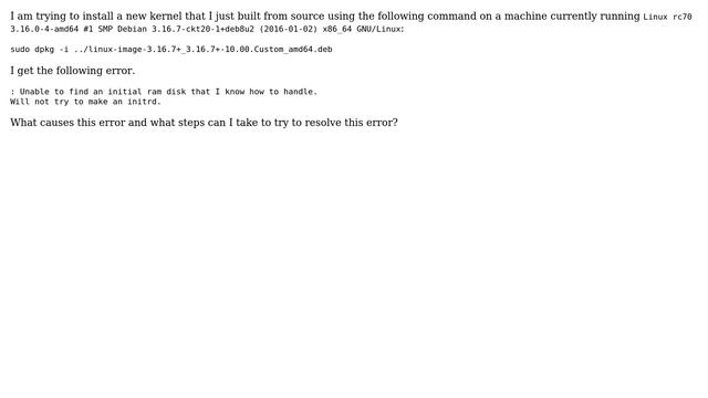"Unable to find an initial ram disk that I know how to handle" when trying to install new kernel смотреть онлайн