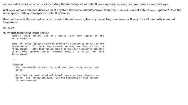 Unix & Linux: How can I check the current `-o defaults` set of default `mount` options? смотреть онлайн