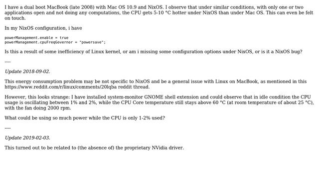 Unix & Linux: Why does my MacBook CPU get hotter under NixOS than under Mac OS? смотреть онлайн