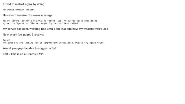 Centos 6 - Nginx - [emerg] socket() 0.0.0.0:80 failed (105: No buffer space available) смотреть онлайн