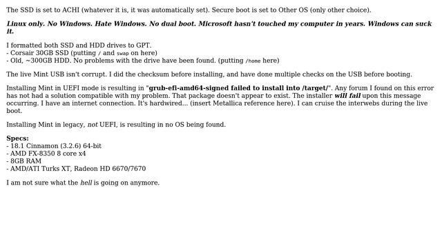 What is causing Mint 18.1 "grub-efi-amd64-signed failed to install into /target/" and following... смотреть онлайн