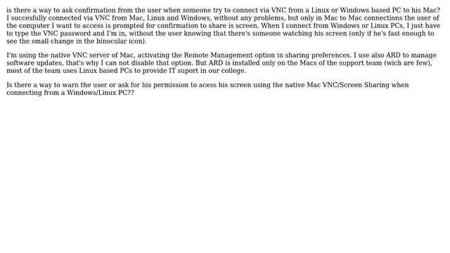 Apple: How to prompt user confirmation on Mac from Windows/Linux VNC connections? смотреть онлайн
