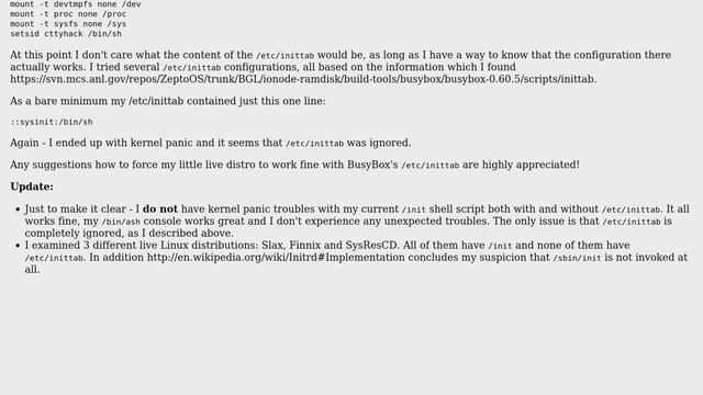 Minimal Linux with kernel and BusyBox: /etc/inittab is ignored, only /init is executed смотреть онлайн