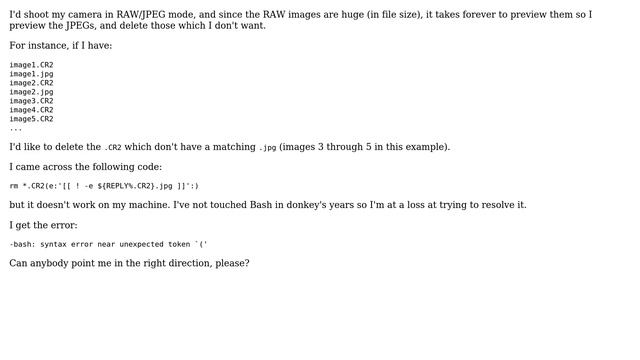 Unix & Linux: Bash Script To Remove RAW Files Which Don't Have A Corresponding JPEG File смотреть онлайн