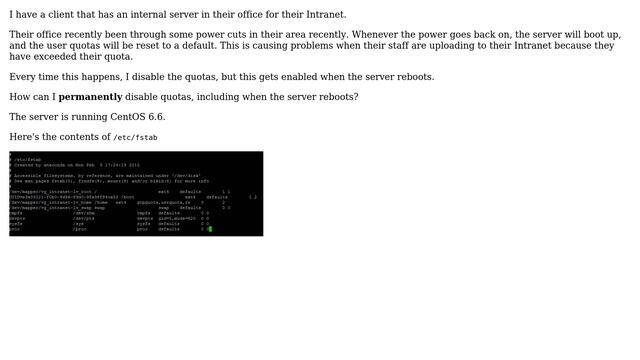DevOps & SysAdmins: Prevent CentOS re-enabling user quotas after reboot/power failure смотреть онлайн