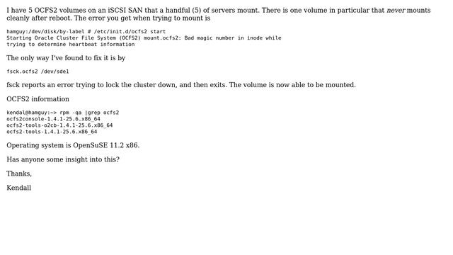 OCFS2: "Bad magic number in inode" every time mounting specific volume; fsck fixes it? смотреть онлайн