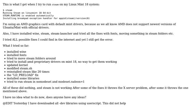 Unix & Linux: Can not run steam on Linux Mint 18 (hanged at installing breakpad...) смотреть онлайн