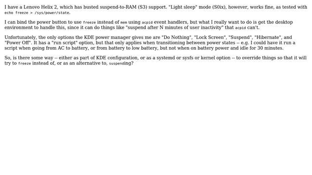Unix & Linux: KDE: suspend to 'freeze' state instead of 'mem' смотреть онлайн