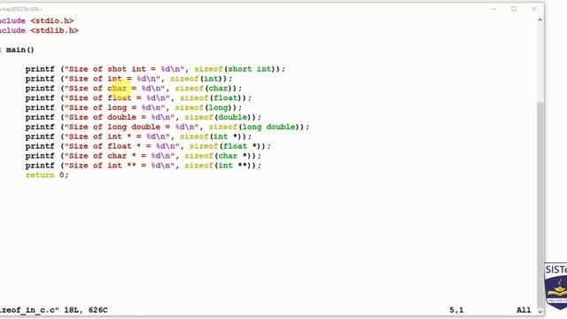 sizeof in C using GNU CGG and TURBO C | Vinay Singh | SISTec Gandhi Nagar смотреть онлайн
