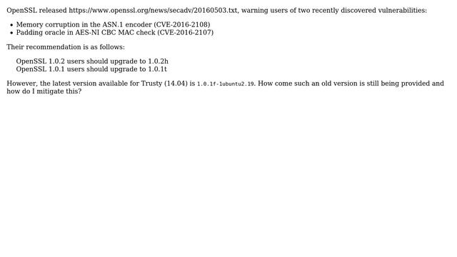 Ubuntu: Why hasn't Trusty received the updates for OpenSSL's CVE-2016-2108 and CVE-2016-2107? смотреть онлайн
