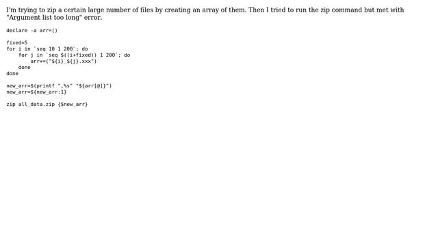 Unix & Linux: Argument list too long when zipping large list of certain files in a folder смотреть онлайн