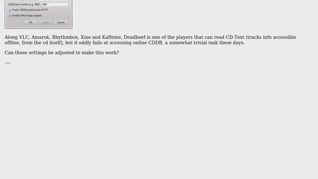 Unix & Linux: Deadbeef audio player does not retrieve online (freedb, CDDB) info about CD tracks смотреть онлайн