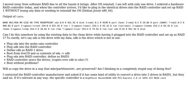 Unix & Linux: Convert non-raid disk with data into RAID 1 disk (hardware controller) смотреть онлайн