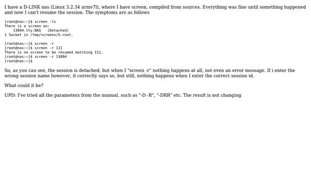 GNU screen. nothing happens when trying to resume session смотреть онлайн