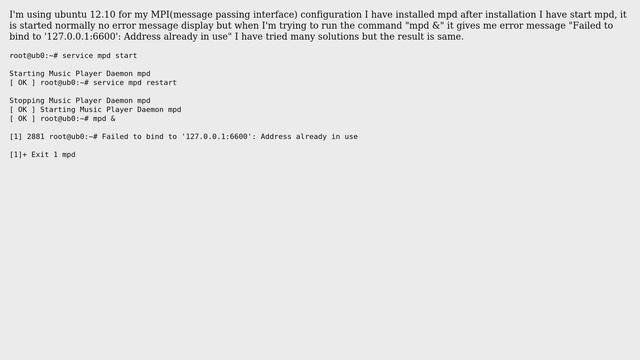 Unix & Linux: Failed to bind to '127.0.0.1:6600': Address already in use смотреть онлайн