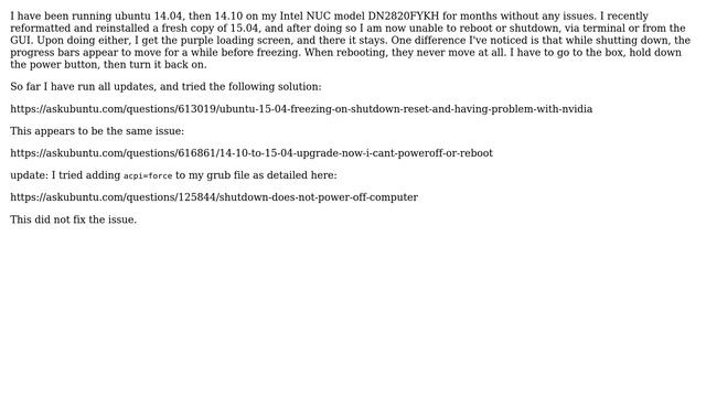 Cannot shutdown or reboot after upgrading from 14.10 to 15.04 on Intel NUC смотреть онлайн