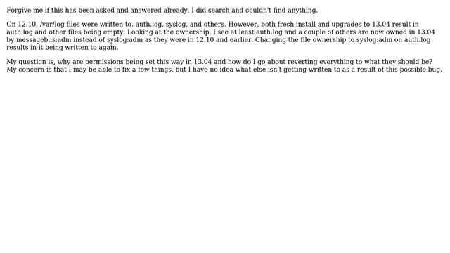 Ubuntu: File ownership in 13.04 set to messagebus instead of syslog for /var/log files смотреть онлайн