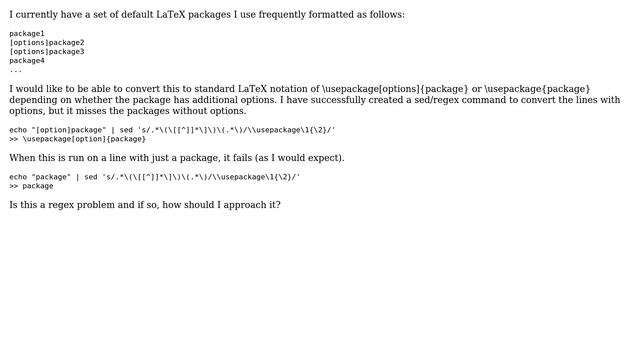 Unix & Linux: Format Latex [option]package pairs into usepackage[option]{package} (2 Solutions!!) смотреть онлайн