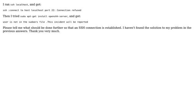 Ubuntu: SSH connection refused and user not in sudoers file смотреть онлайн