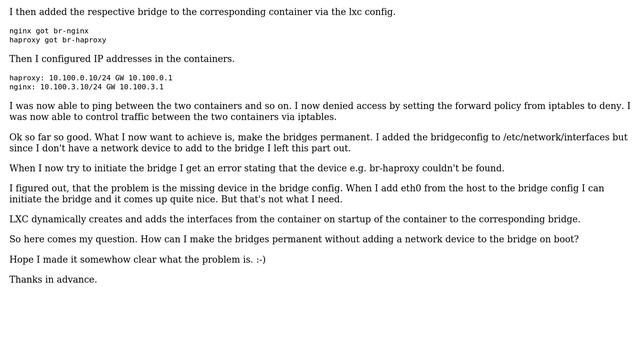 Unix & Linux: Setup permanent bridge for dynamic network devices from lxc container? смотреть онлайн