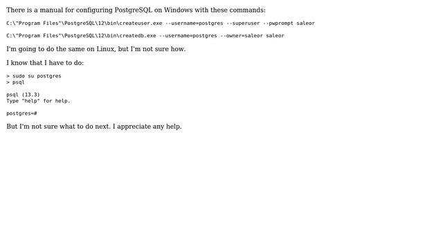 Databases: Equivalent Linux commands for Windows ones to create user and database смотреть онлайн