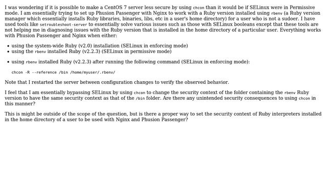 Can using chcon to essentially bypass selinux be less secure than setting selinux to permissive? смотреть онлайн