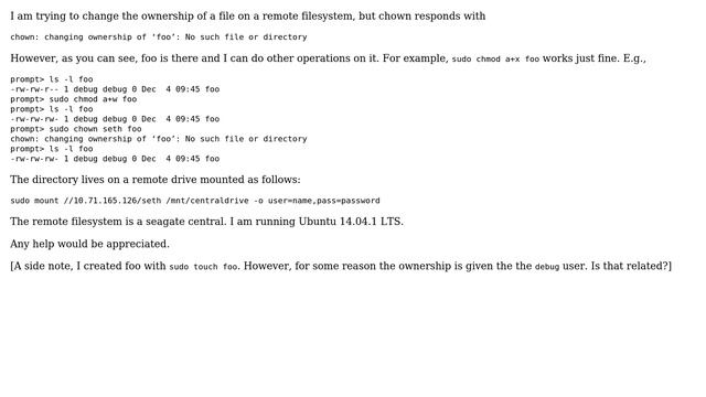 Ubuntu: chown not working on remote filesystem, other commands (e.g., chmod) do work смотреть онлайн