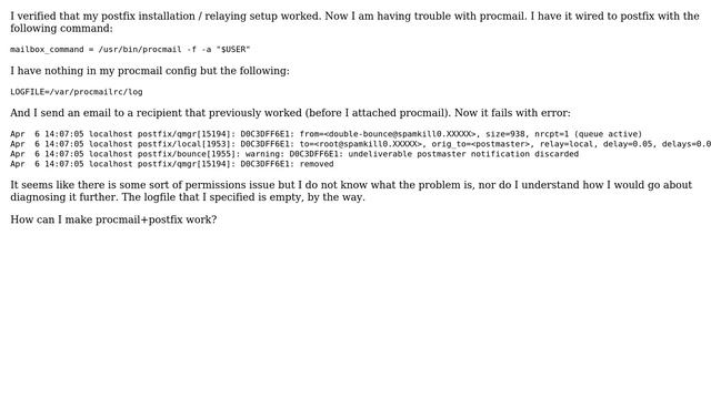 Postfix + procmail - delivery fails because "can't create user output file" - on CentOS 6.2 смотреть онлайн