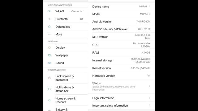 MIUI 10 Global 9.1.17 Beta Android Nougat 7.0 NRD90M installed on Xiaomi Mi Pad 3 смотреть онлайн