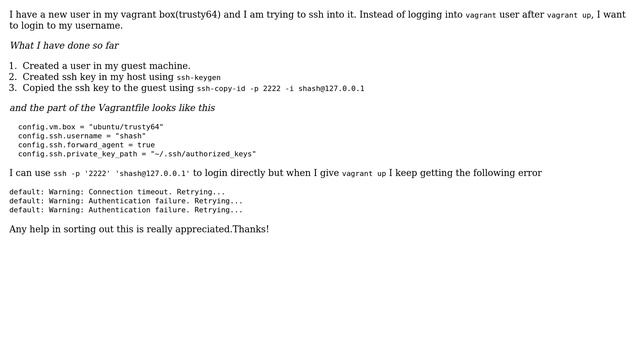 Ubuntu: Passwordless ssh to vagrant to load another user after vagrant ssh смотреть онлайн