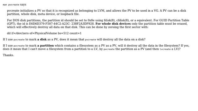 Unix & Linux: Does pvcreate destroy all the data in a partition? смотреть онлайн