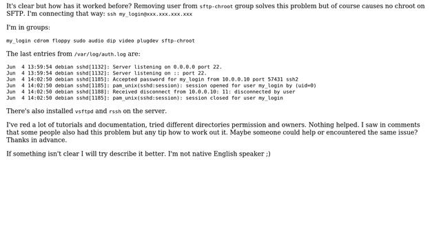 Unix & Linux: Chrooted SFTP with full access to SSH stopped working (Debian) смотреть онлайн