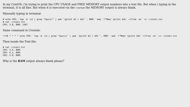 Unix & Linux: Shell Script (in Crontab) : Saving Memory print into text file always gives blank смотреть онлайн