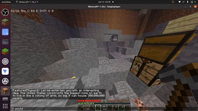Mining a Chunk in Minecraft 1.18.2 Optifine Ubuntu 22.04 LTS on a Probook 6560b смотреть онлайн