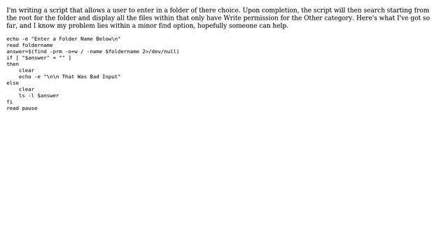 Unix & Linux: Assistance in how to display write only files for a user specified folder смотреть онлайн