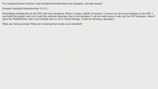 Ubuntu: Cannot see form designer in MonoDevelop/Quantal Quetzal смотреть онлайн