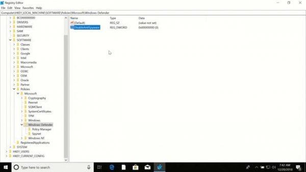 Disable windows defender in Windows 10 home/pro/enterprise (regedit)