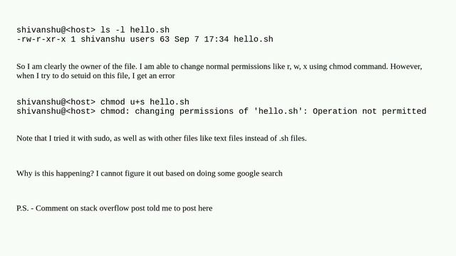 chmod setuid giving operation not permission even though the I am the owner смотреть онлайн