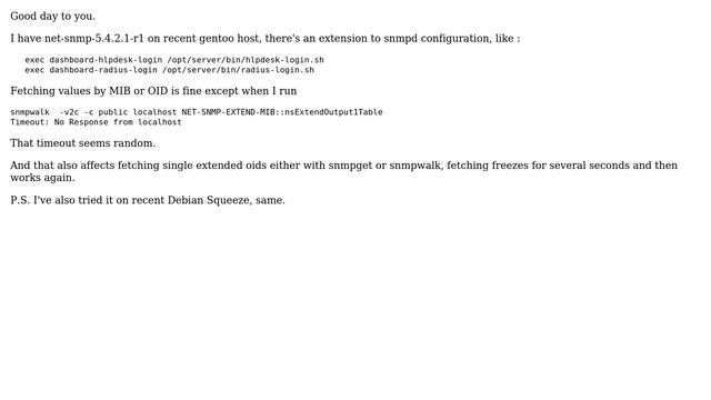 DevOps & SysAdmins: net-snmp random timeout walking nsExtendOutput1Table смотреть онлайн