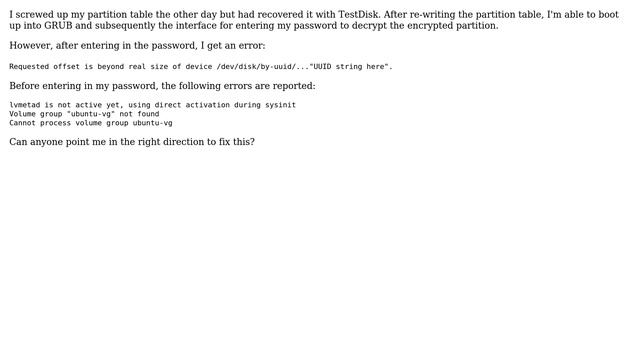 dm-crypt/LUKS, won't mount encrypted drive. Requested offset is beyond real size of device смотреть онлайн
