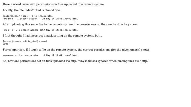 Unix & Linux: Why is umask ignored when uploading files over sftp? смотреть онлайн