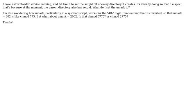 Unix & Linux: setgid bit in umask of systemd service script смотреть онлайн