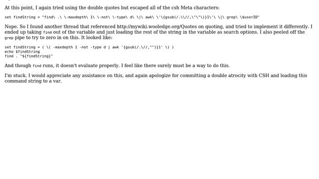 Issues Setting A Variable To A String Containing Metacharacters, Find, And Another Variable In Csh
