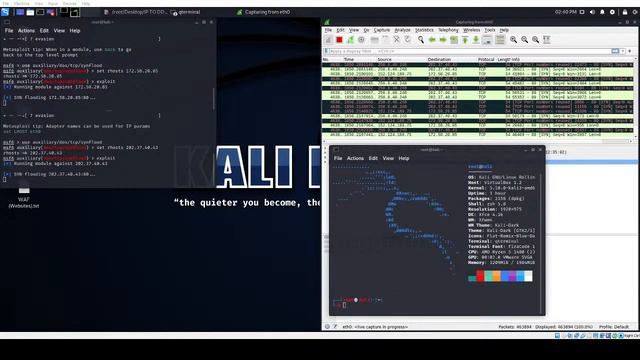 SynFlooding On Kali Linux using an exploit on called wireshark and msfconsole смотреть онлайн