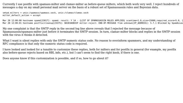 How can I customize before-queue milter replies in Postfix? смотреть онлайн