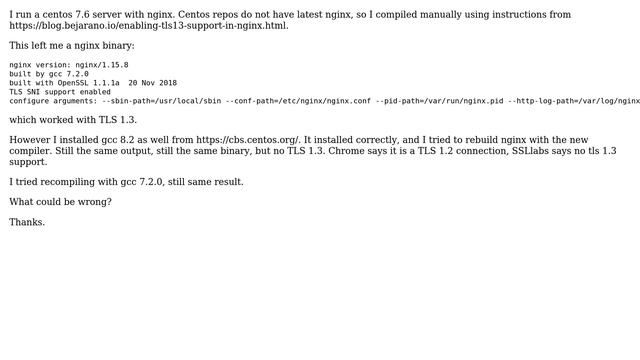 DevOps & SysAdmins: nginx 1.15.8 loses TLS 1.3 after gcc 8 installation смотреть онлайн