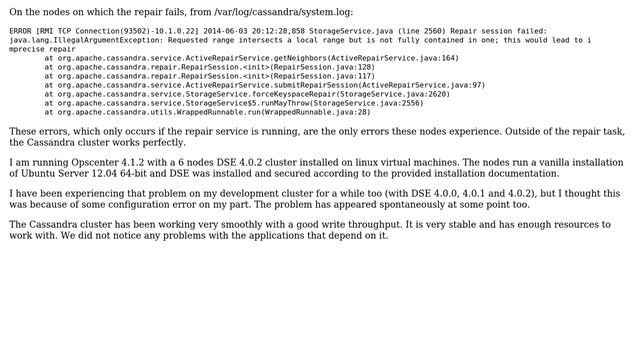 Opscenter repair service times out. ERROR: Requested range intersects a local range [...] смотреть онлайн