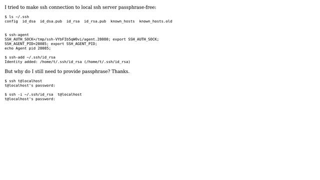 Unix & Linux: Why do I fail to connect to local ssh server passphrase-free? смотреть онлайн