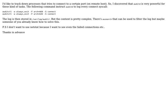 Track down processes that connect through tcp (on certain ports) using auditd (in GNU/Linux) смотреть онлайн